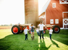 family, old barn, tractors